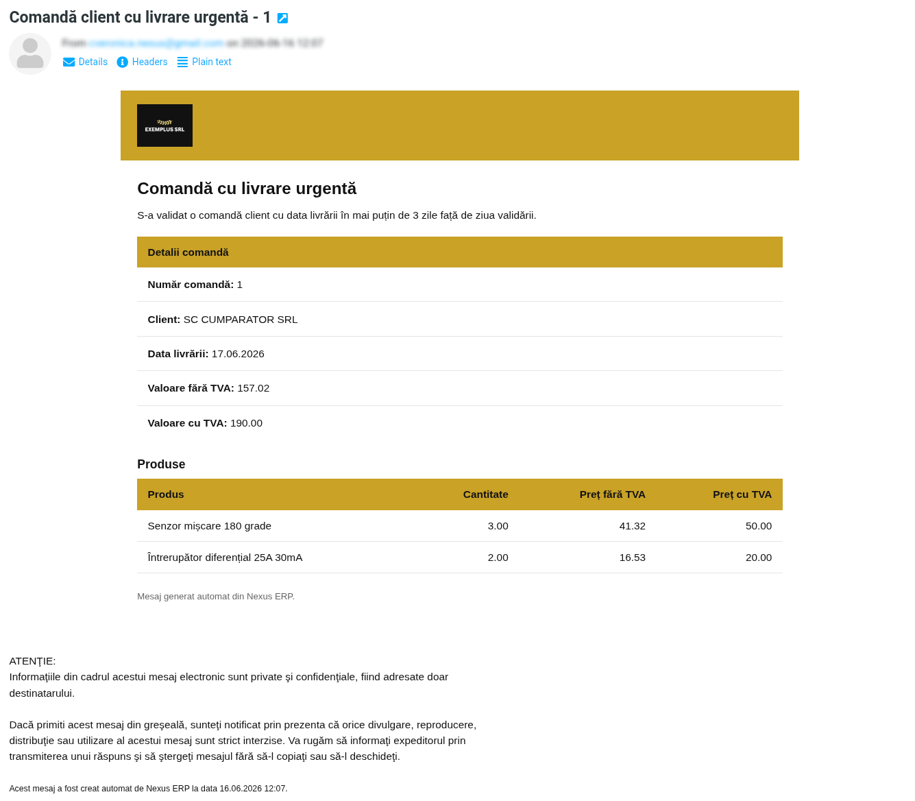 E-mail de alertă trimis către depozit pentru comanda urgentă