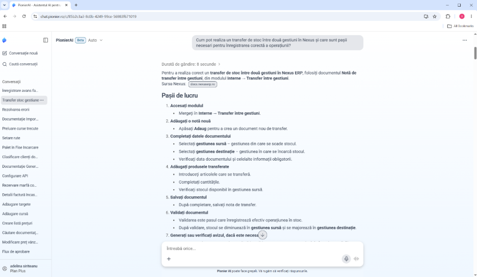 Răspuns Pionier AI pentru solicitarea formulată în limbaj natural despre transferul de stoc